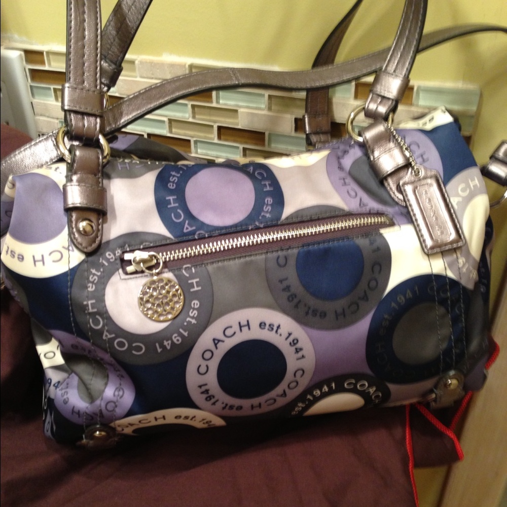 Coach Purple, Navy and Gray Circle Print Satchel